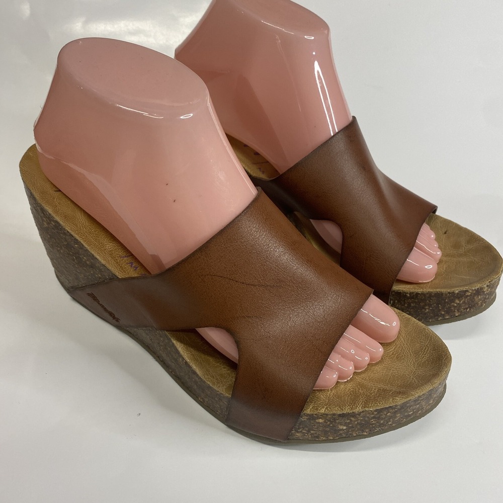 Blowfish Brown Faux Leather Platform Slide Sandals Chunky Size 9.5 Wedge Heel